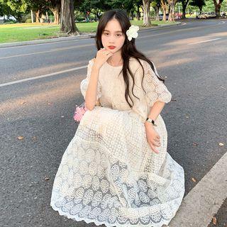 Puff-sleeve Embroidered Midi A-line Dress Almond - One Size