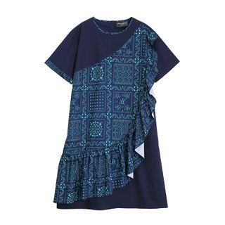 Print Ruffle Trim Panel Midi A-line Dress Blue - One Size
