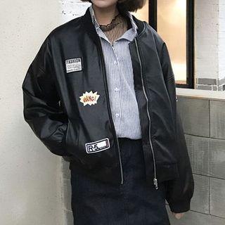 Appliqu  Faux Leather Bomber Jacket