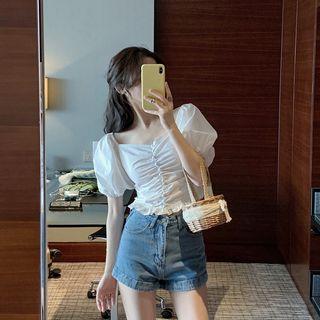 Puff-sleeve Plain Ruffle-hem Top