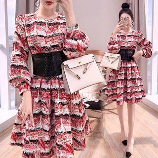 Lantern-sleeve Print Mini A-line Dress