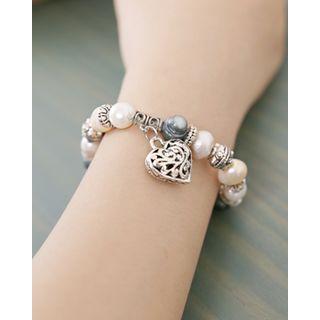 Engraved Heart-charm Bead Bracelet