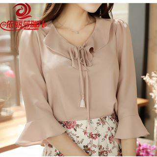 Flounced Bell Elbow-sleeve Chiffon Blouse