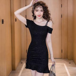 Off-shoulder Plain Sequined Drawstring Dress