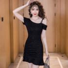 Off-shoulder Plain Sequined Drawstring Dress
