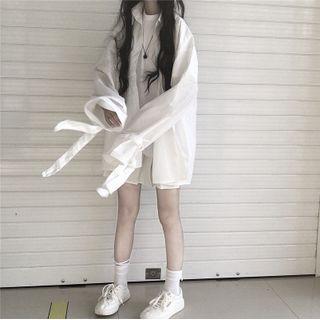 Long-sleeve Lace Up Plain Shirt Shirt - White - One Size
