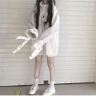 Long-sleeve Lace Up Plain Shirt Shirt - White - One Size