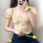 Puff-sleeve Floral Blouse Yellow - One Size