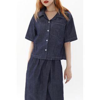 Open-placket Stitched Denim Shirt Dark Blue - One Size