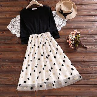 Long Sleeve Mesh Panel Star Print Dress