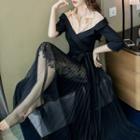 Set: Mock Two-piece Shirt + Maxi Mesh Skirt