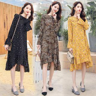Collared Printed Long-sleeve Dress