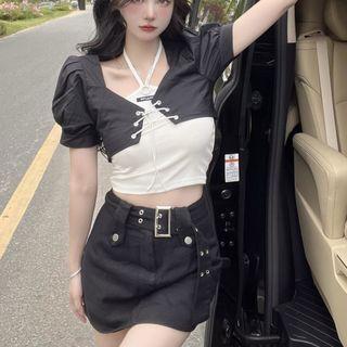 Short-sleeve Lace-up Top / Halter Neck Camisole Top / Mini Pencil Skirt / Set