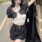 Short-sleeve Lace-up Top / Halter Neck Camisole Top / Mini Pencil Skirt / Set