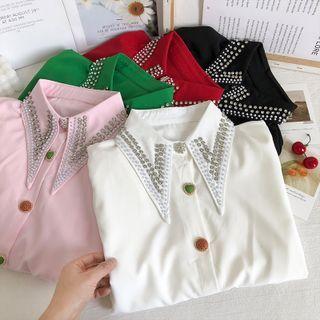 Pearl-accent Pointy-collar Loose Shirt