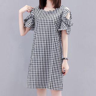 Gingham Short-sleeve Cold-shoulder Dress