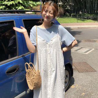 Set: Plain Short-sleeve T-shirt + Lace Sleeveless Dress
