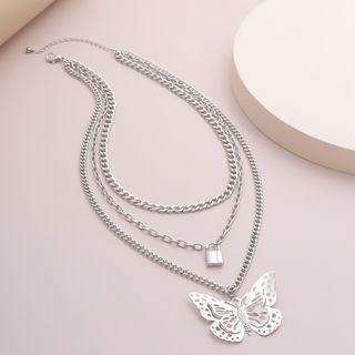 Butterfly Layered Chain Necklace 3002 - Silver - One Size