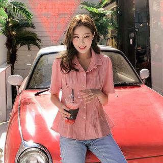 Notched-collar Pintuck-waist Blouse