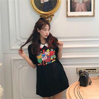 Short-sleeve Cartoon Printed T-shirt Dress Black - One Size
