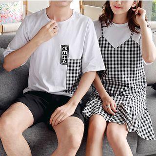 Couple Matching Short-sleeve Print T-shirt / Mock Two-piece Plaid Dress