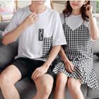 Couple Matching Short-sleeve Print T-shirt / Mock Two-piece Plaid Dress