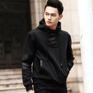 Drawstring Pu Panel Hooded Pullover