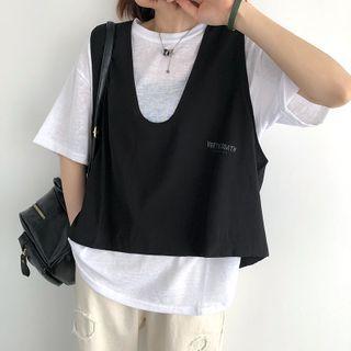 Set: Short-sleeve Plain T-shirt + Lettering Tank Top