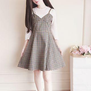 Mock Two Piece Plaid Panel 3/4 Sleeve A-line Dress