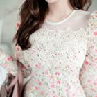 Long-sleeve Lace-panel Floral Pattern A-line Dress