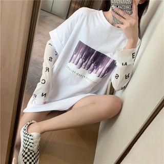 Short-sleeve Printed T-shirt / Long-sleeve Letter Mesh T-shirt