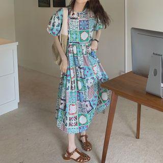 Short-sleeve Patterned Midi A-line Dress Red & Blue & Green - One Size
