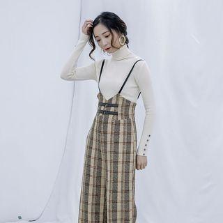 Plaid Wide-leg Suspender Pants