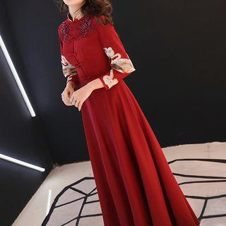 3/4-sleeve Embroidered A-line Maxi Evening Dress