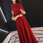 3/4-sleeve Embroidered A-line Maxi Evening Dress