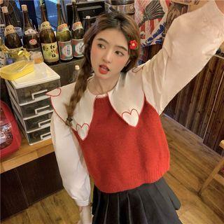 Heart Embroidered Collar Blouse / Sweater Vest
