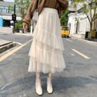 Midi A-line Mesh Ruffled Skirt
