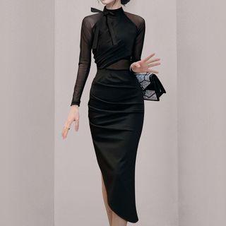 Long-sleeve Mock-neck Asymmetrical Midi Sheath Dress