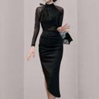 Long-sleeve Mock-neck Asymmetrical Midi Sheath Dress