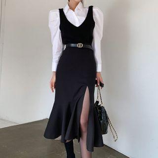 Set: Puff-sleeve Shirt + Sleeveless Midi Dress