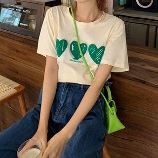 Short-sleeve Heart Embroidered T-shirt Heart - One Size