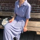 Elbow-sleeve Sashed Maxi Shirt Dress