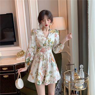 Floral V-neck Long-sleeve Slim-fit Dress