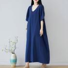 Embroidered Elbow-sleeve Maxi Shift Dress