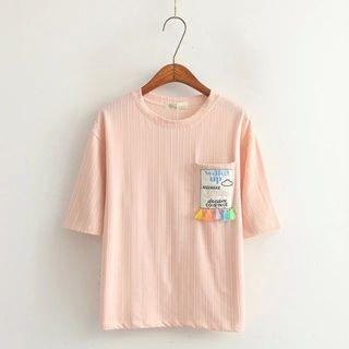 Tasseled Appliqu  Pinstriped Elbow-sleeve T-shirt