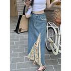 Distressed Denim Maxi A-line Skirt