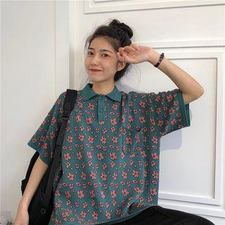 Flower Pattern Elbow-sleeve Polo Shirt