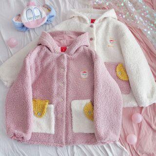 Contrast Panel Fleece Hooded Button-up Jacket
