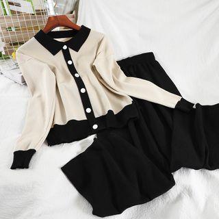 Set: Two Tone Cardigan + Wide-leg Knit Pants