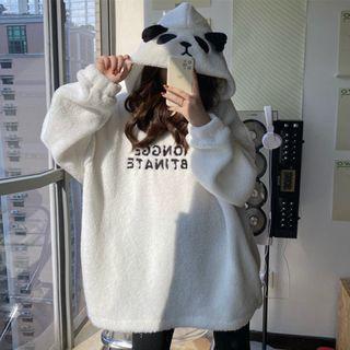 Letter Embroidered Panda Fleece Hoodie